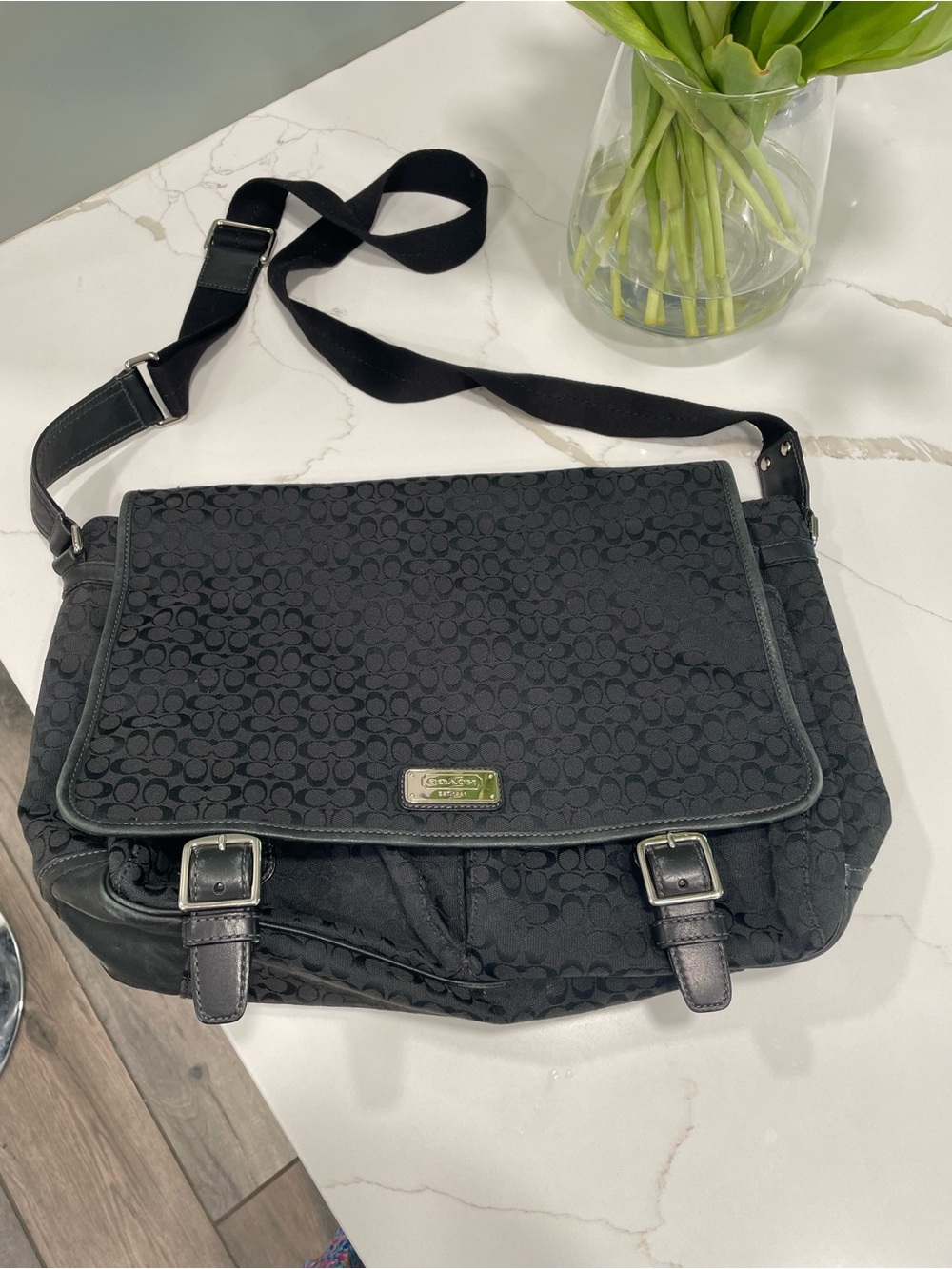 Coach Black Signature Canvas Messenger with Buckle Flap